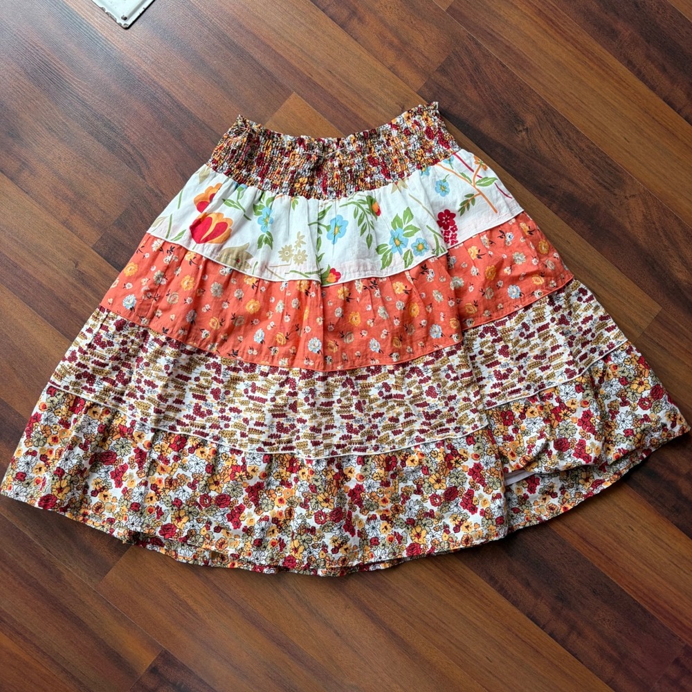 Star City Floral Patchwork Tiered Mini Skirt Smocked Waist Boho Cotton Womens S